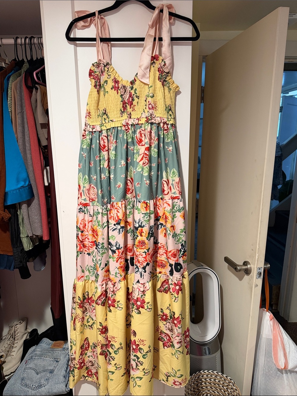 Amazon Floral Tiered Maxi Dress in Yellow, Sage & Blush with Tie Straps